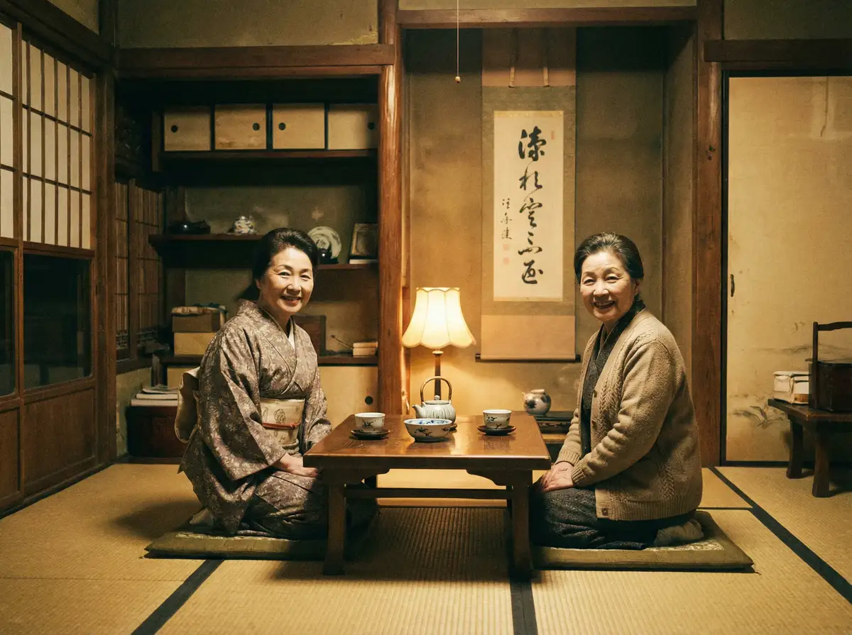 两位优雅的 亚娱平台 在日式茶室中品茶交谈